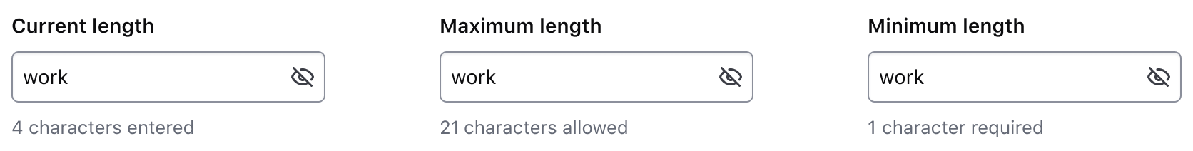 A workspace name input with the text "work" entered. If the character count is showing current length, it reads "4 characters entered". If maximum length, it reads "21 characters remaining". If minimum length, it reads "1 character remaining".